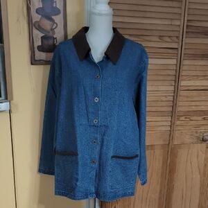 NWT Denim & Co Women's Denim Barn Jacket Shacket with Brown Accents 2X